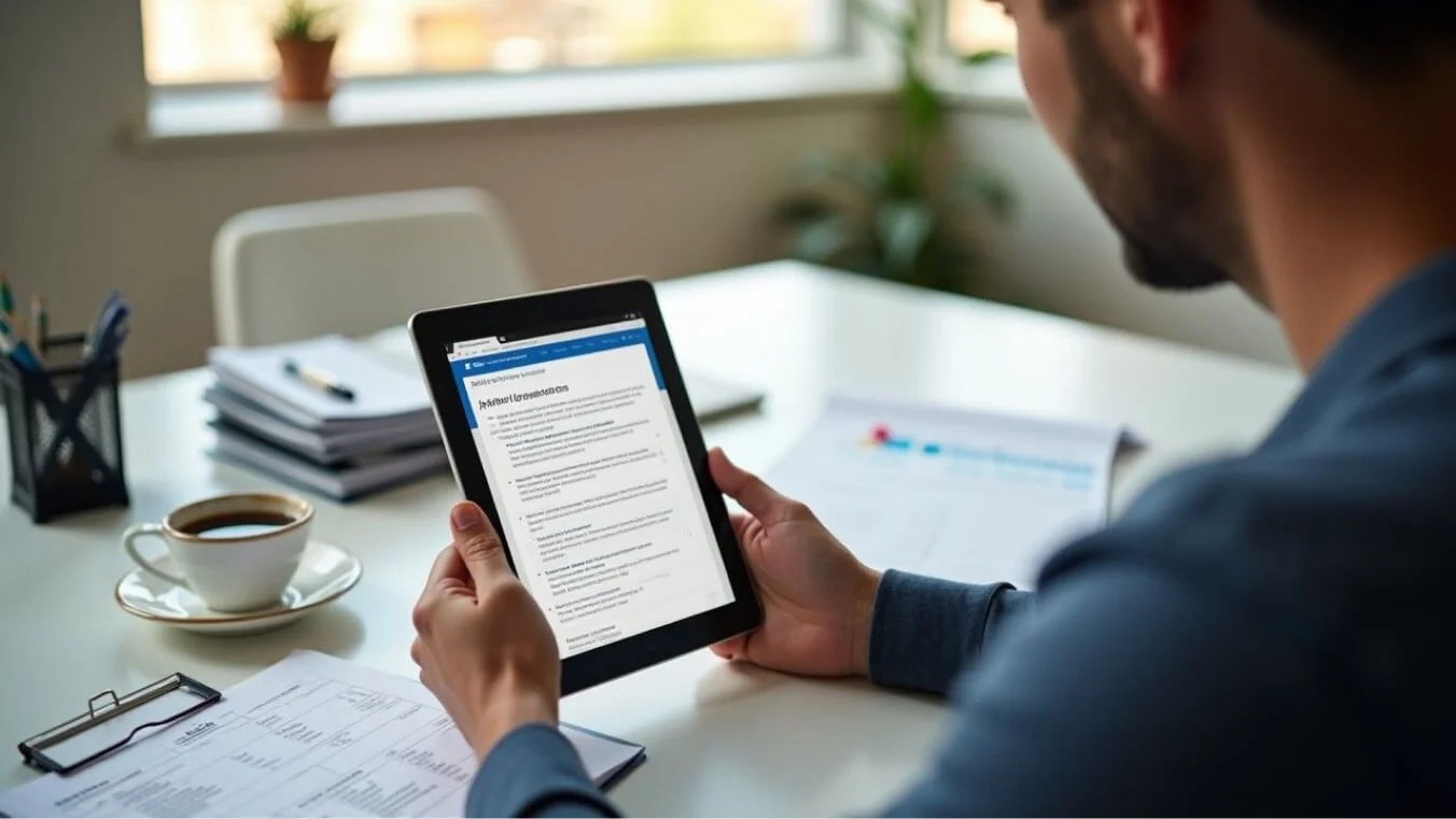A young veteran in his late 30s reviews government incentives for private health insurance on a tablet in a well-organised home office. The screen displays a list of rebates and benefits, helping him make an informed decision.
