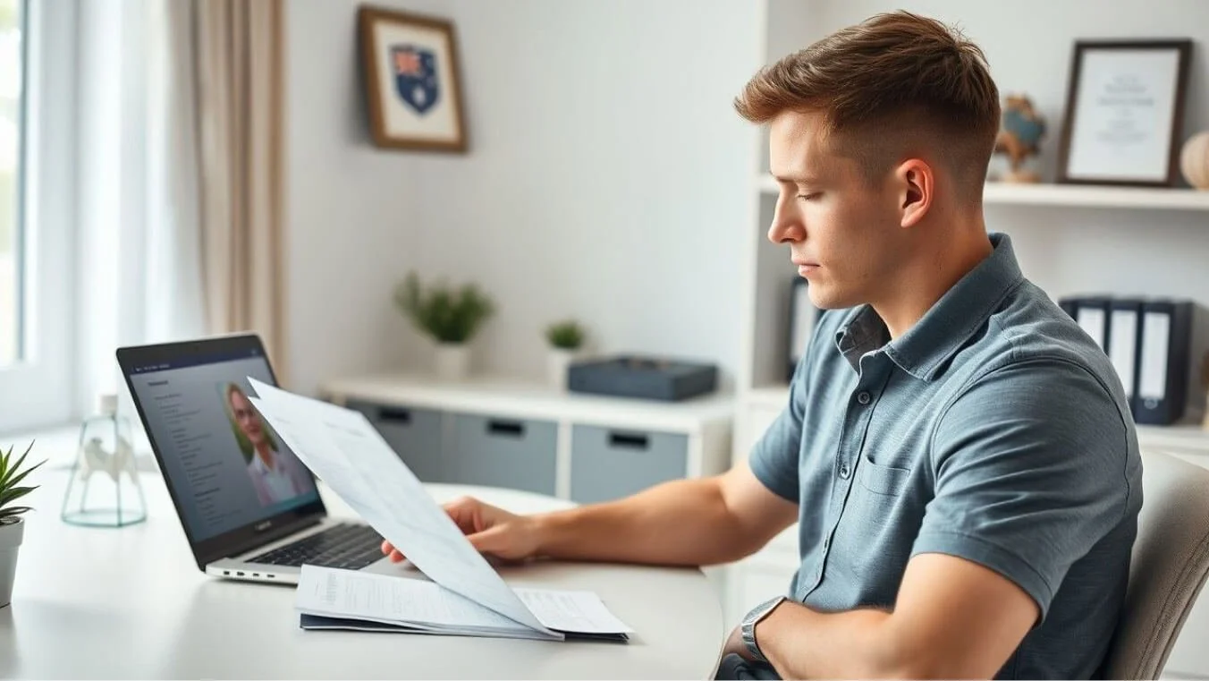 A male veteran in his late 30s sits at a modern home office desk, reviewing private health insurance options.