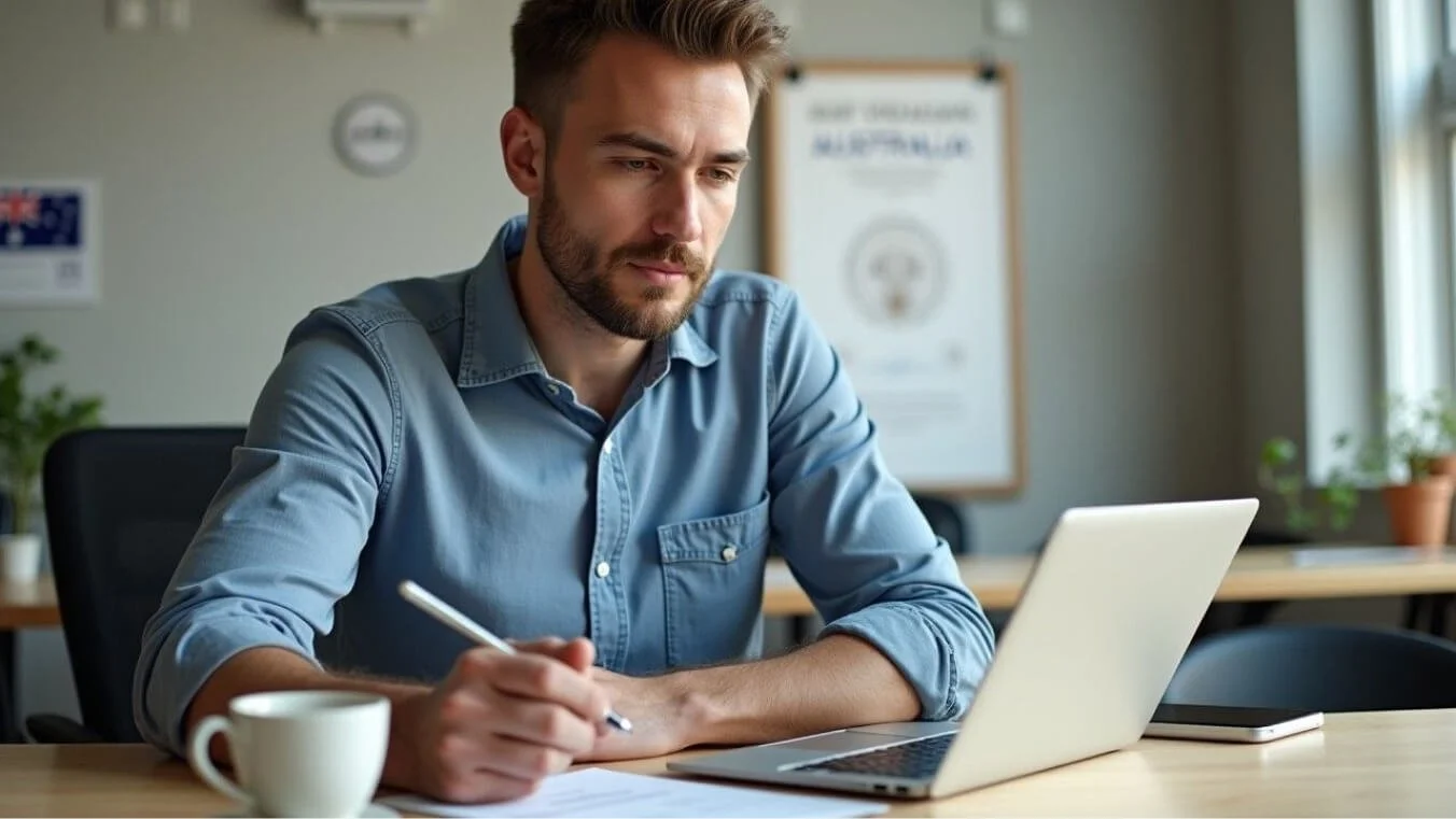 A male veteran in his 30s sits in a modern co-working space, reviewing private health insurance plans on his laptop. He takes notes while comparing policy coverage, costs, and benefits to find the best option for his healthcare needs.