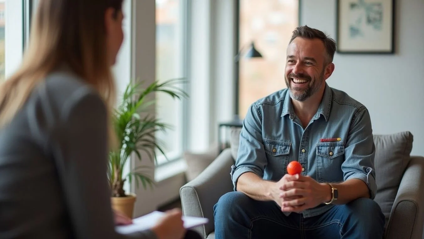 A veteran sits in a therapy session with a mental health professional, discussing PTSD treatment options in a safe and supportive setting.