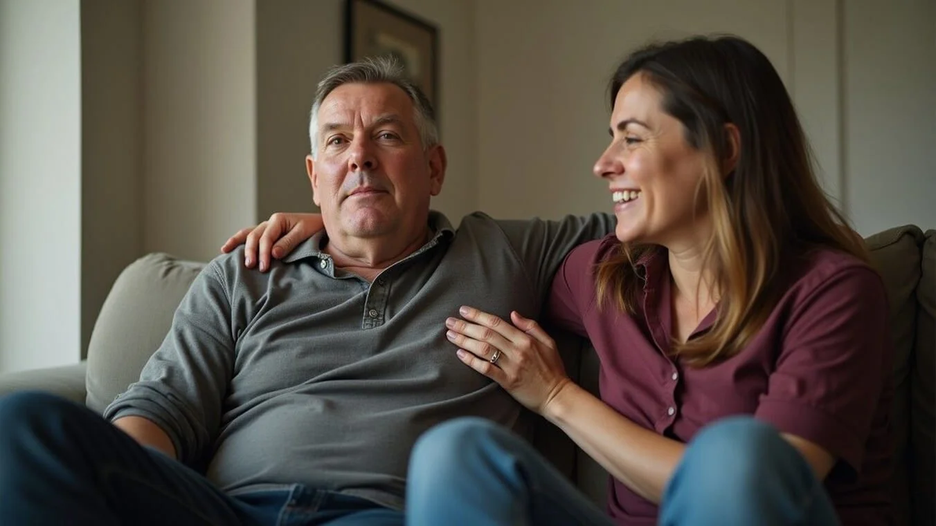 A veteran sits on a couch while their partner offers support, showing the importance of seeking help for PTSD.