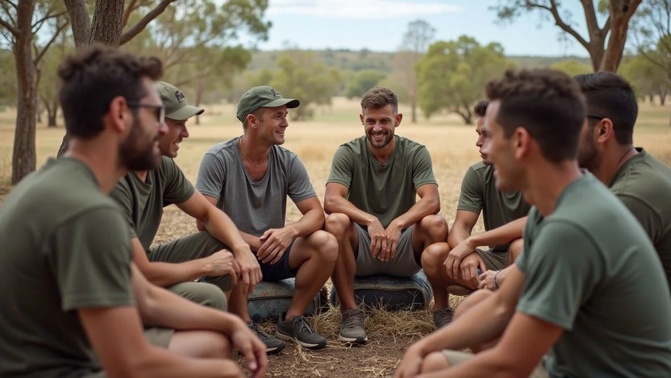 A group of young Australian veterans gather in an outdoor peer support session, emphasising the importance of community in PTSD recovery.