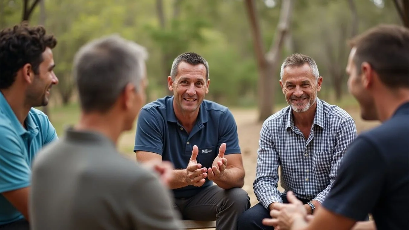 A group of veterans discuss housing support programs in an outdoor setting, sharing experiences and resources for stable housing solutions.