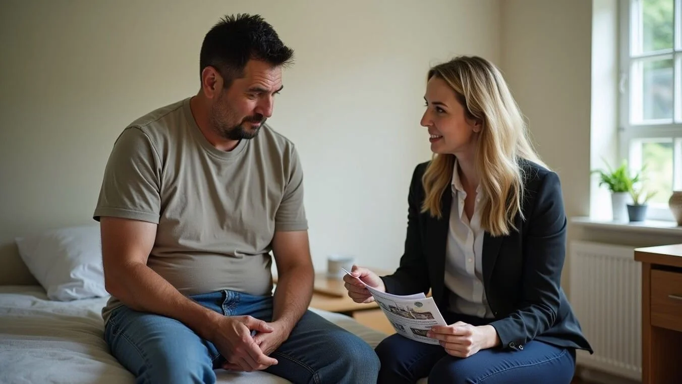 A veteran in an emergency housing facility sits with a support worker who provides information on transitional housing services.