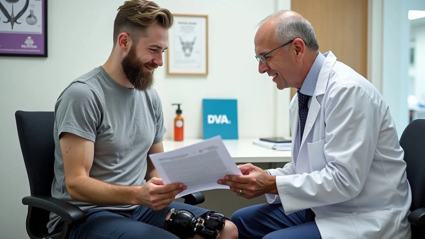 A veteran with a prosthetic leg consults a doctor at a DVA-approved clinic. The doctor, wearing a white coat, reviews medical records while the veteran listens attentively.
