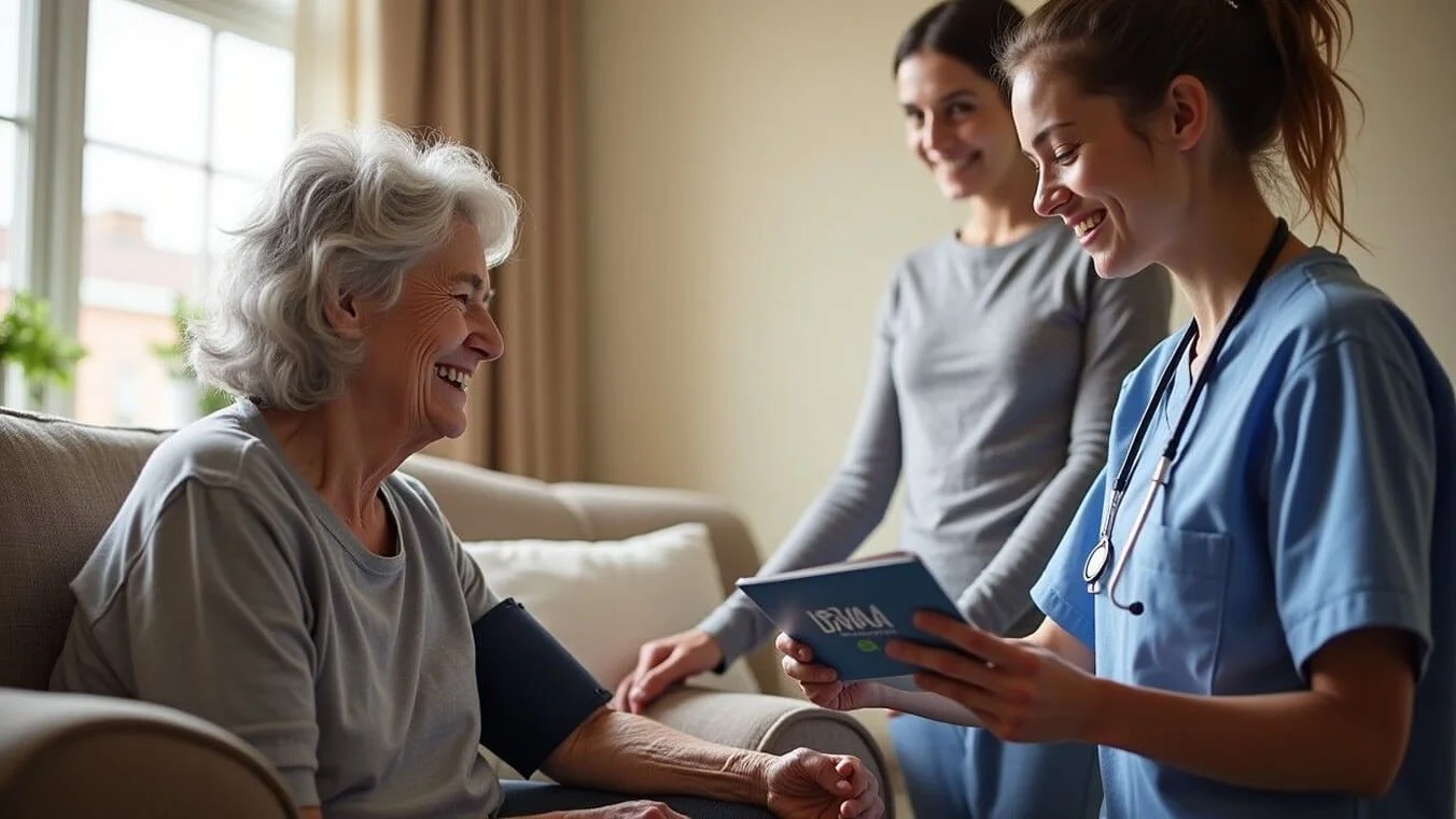 An elderly veteran receives home care support as a nurse checks her blood pressure. Her daughter stands nearby, smiling. The scene is warm and welcoming.
