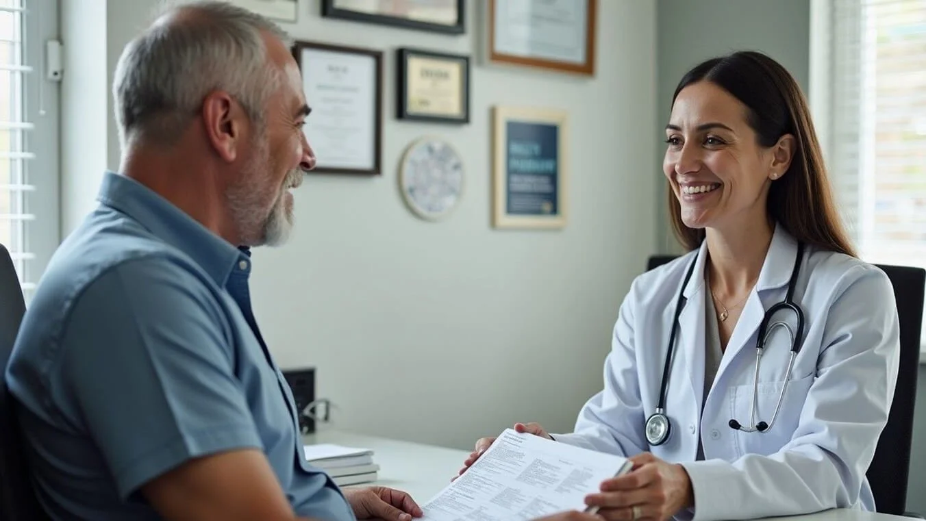 A middle-aged male veteran discusses his healthcare support options with a friendly doctor in a modern medical office.