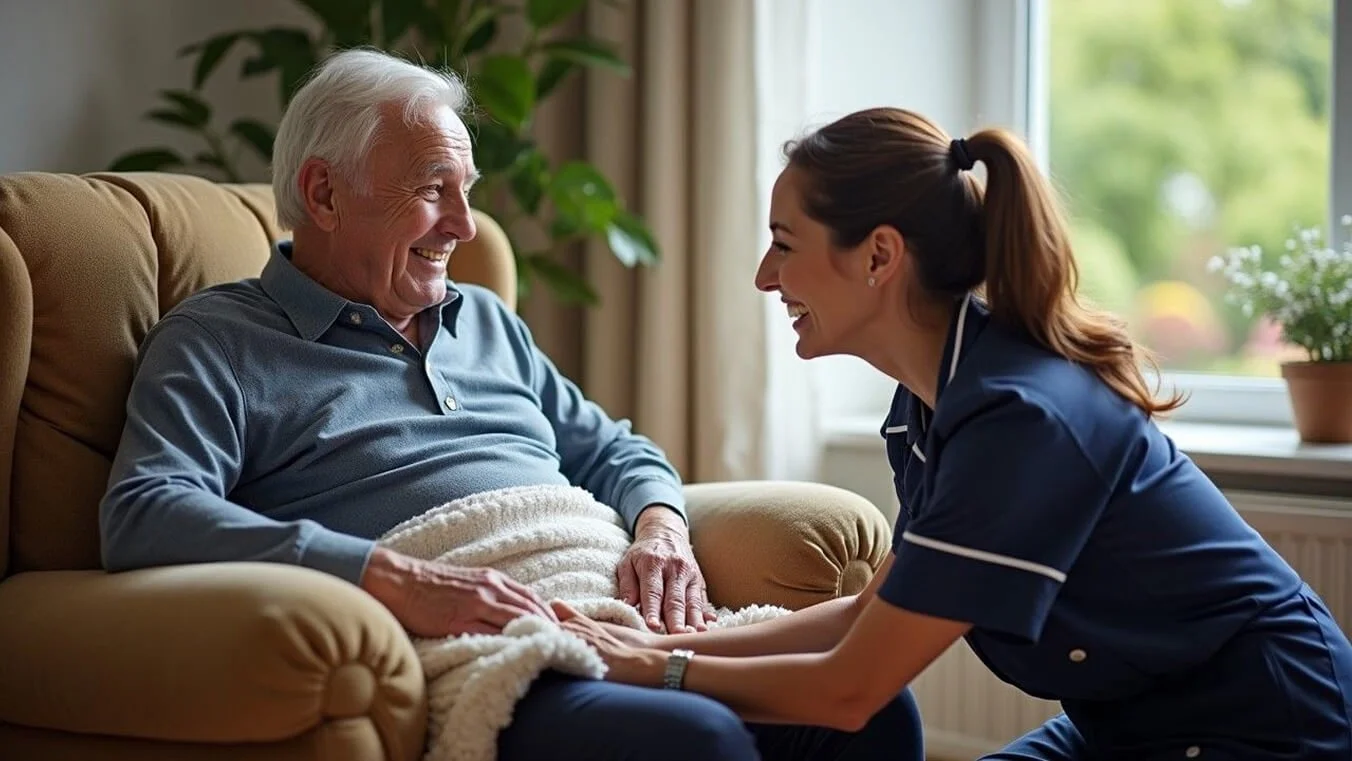 An elderly veteran receives caring assistance from an aged care nurse in his home, reflecting the importance of quality aged care services.