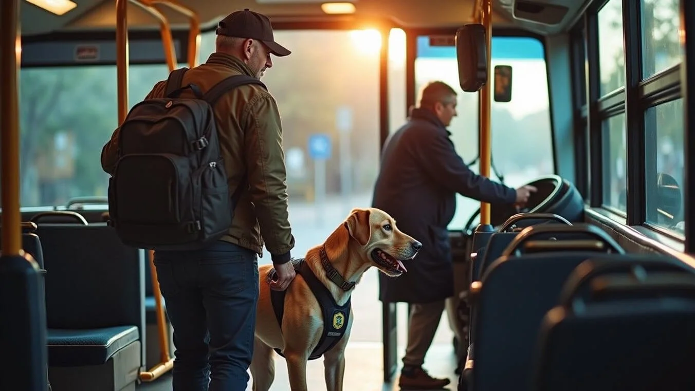 A veteran in his late 50s boards a bus with his assistance dog, which wears a certified harness, while the bus driver acknowledges them with a nod.