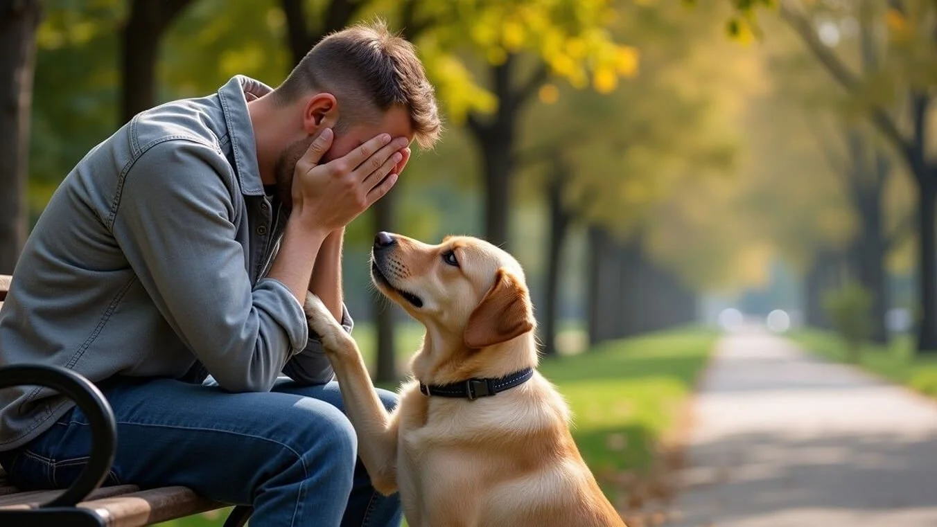A male veteran experiencing PTSD symptoms sits on a park bench while a psychiatric assistance dog places its paw on his knee, offering comfort.
