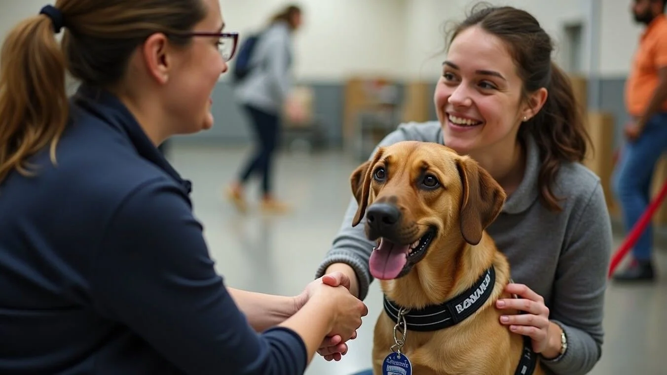 A female veteran shakes hands with a certified DVA-contracted dog trainer while receiving her new assistance dog in a training facility.