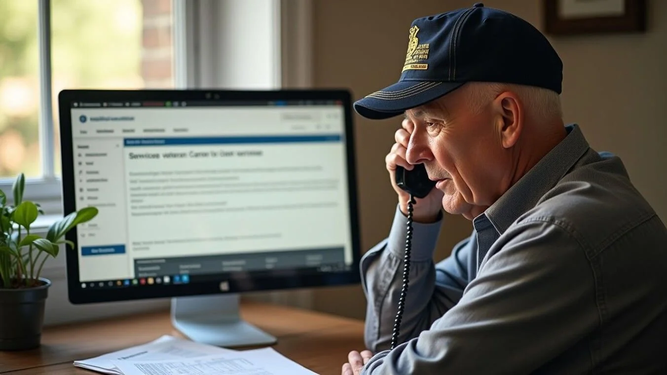 A veteran navigating aged care paperwork at home, appearing frustrated while reviewing official documents and online resources.