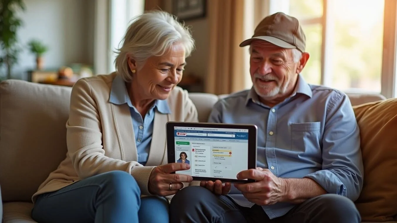 A veteran and their spouse reviewing aged care options on a tablet while receiving virtual guidance from a consultant.