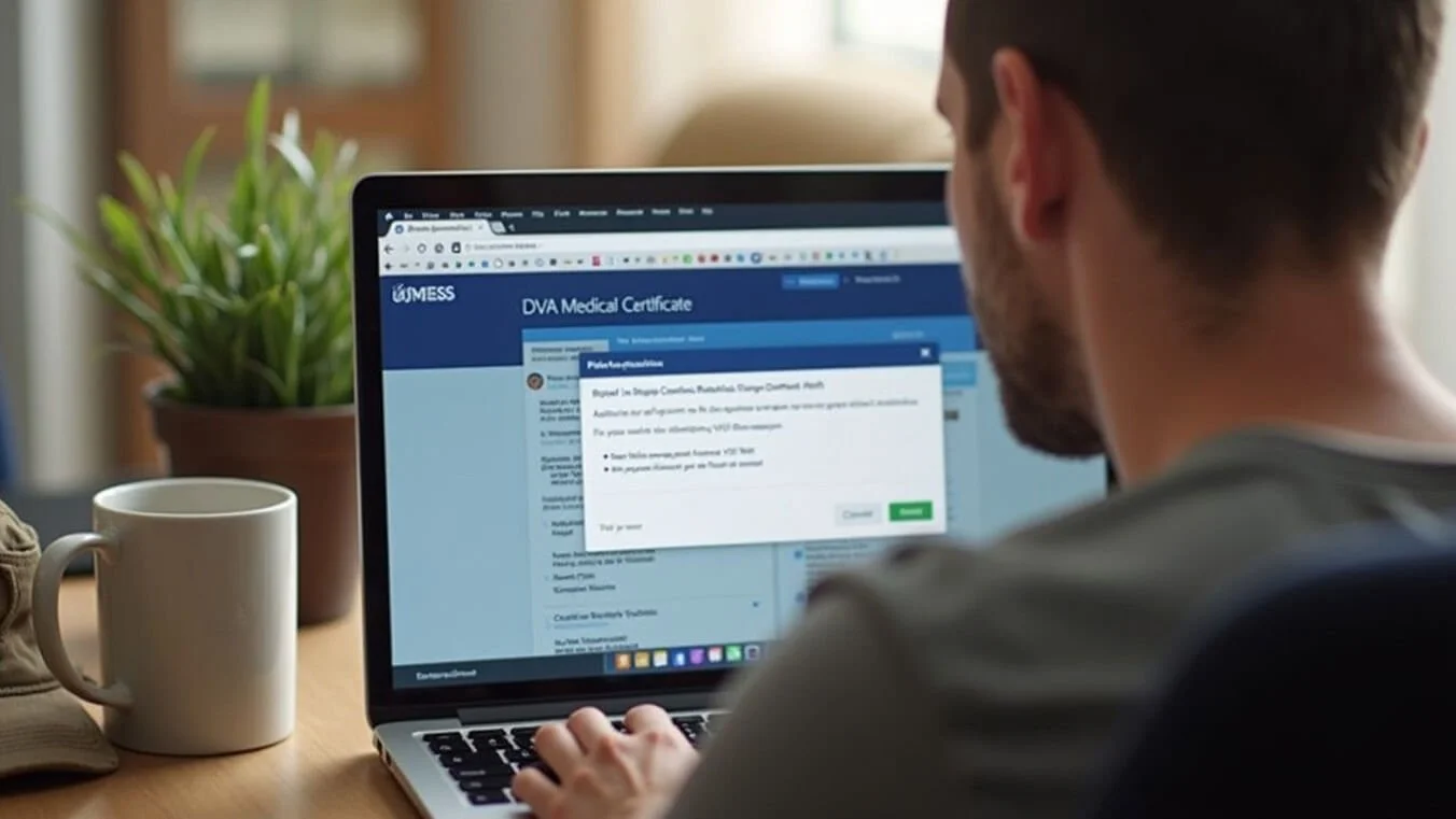 A young veteran submitting a DVA medical certificate through the MyService portal on their laptop in a home setting.