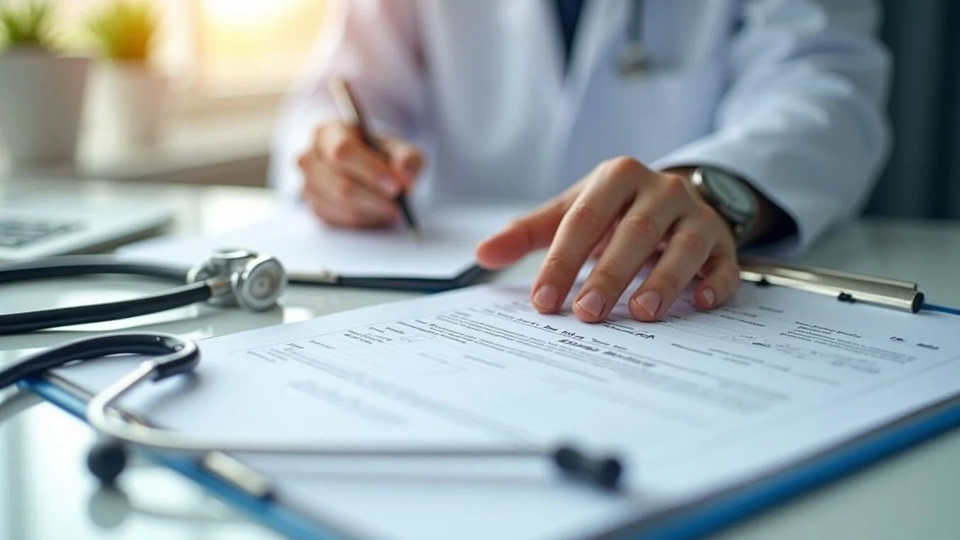 A close-up of a doctor completing a DVA medical certificate form in a professional medical office.