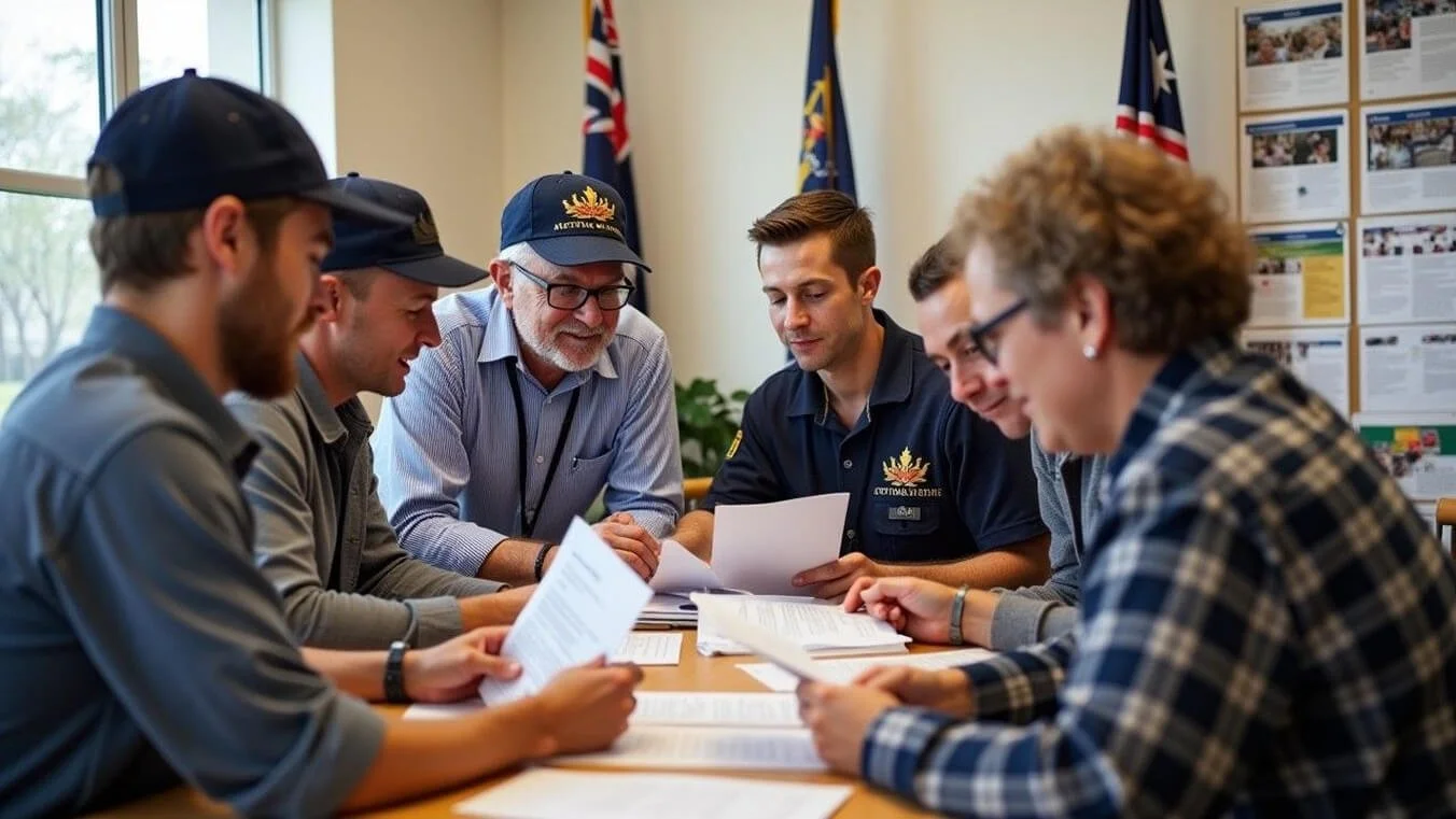 Australian veterans receiving guidance on available discounts and concessions at a community support centre.