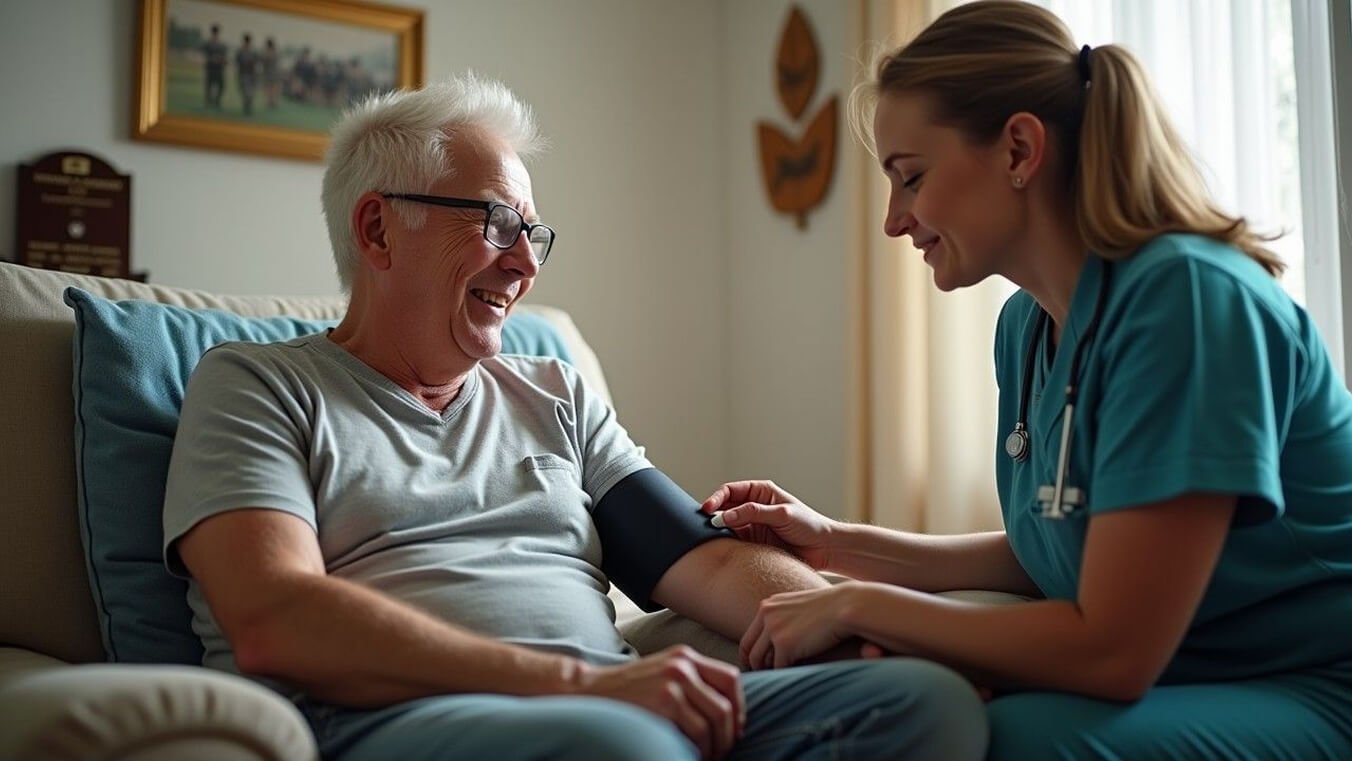 Veteran receiving home-based palliative care from a nurse in a warm, supportive home setting, representing dignity and quality care.