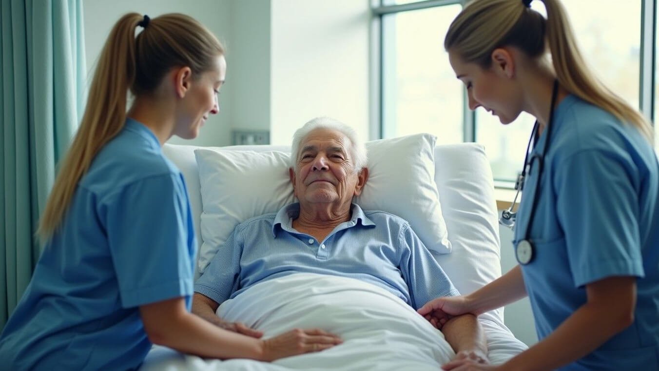 Veteran receiving hospital-based palliative care from a specialist doctor and nurse, representing expert support and compassionate treatment.