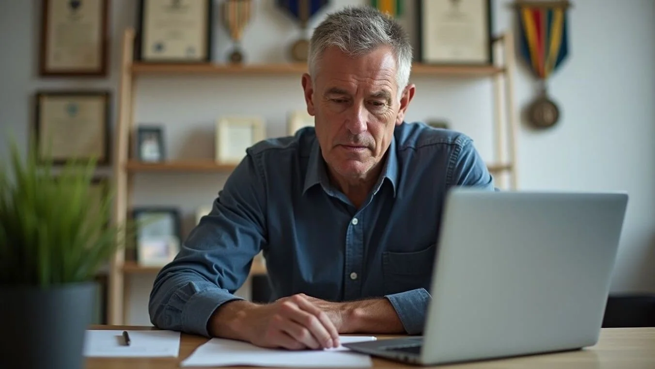 A male ADF veteran completes an online claim form for ADF abuse compensation, ensuring all documents are correct.