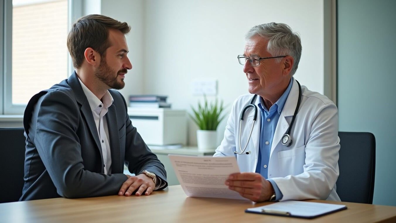 A veteran with a prosthetic limb discusses their DVA Permanent Impairment Assessment with a medical professional in a well-lit clinic.