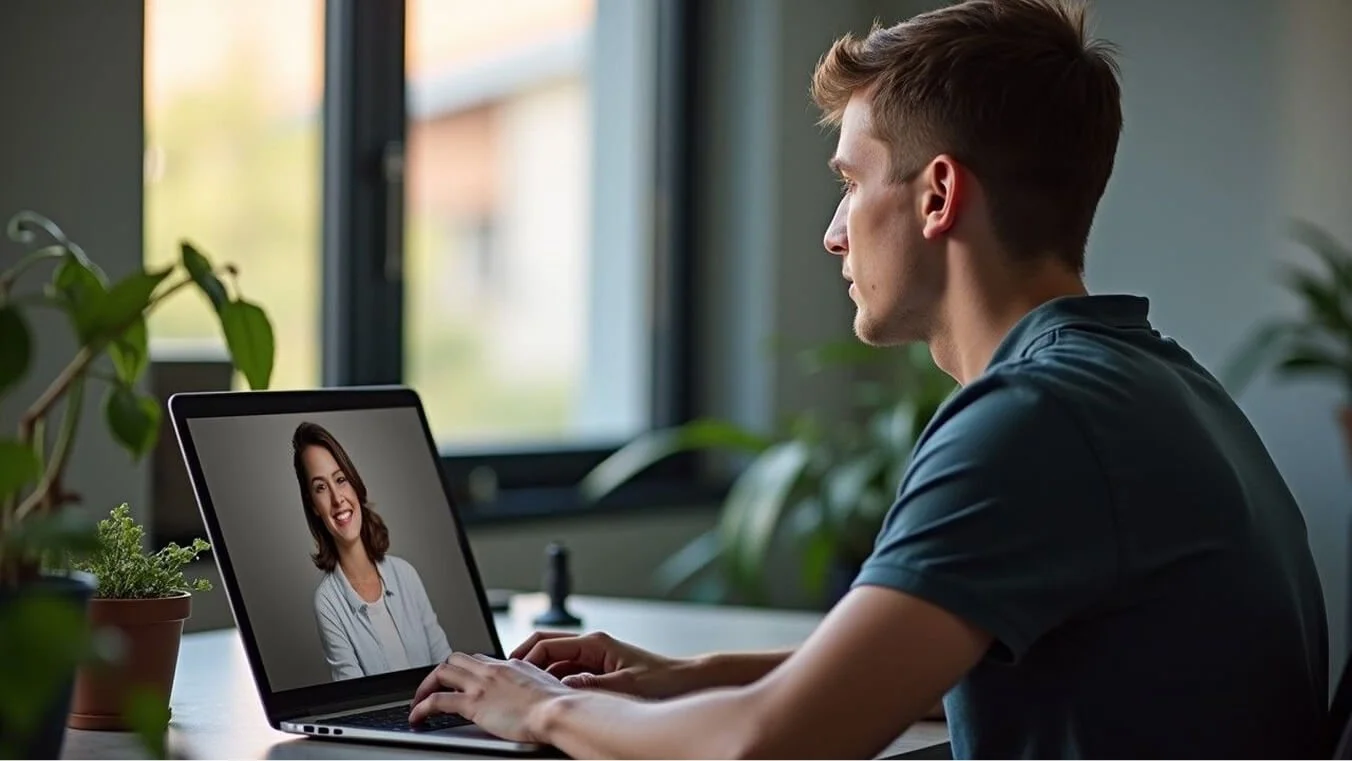 A veteran engages in a DVA-funded telehealth psychology session at home, receiving professional mental health support without financial stress.