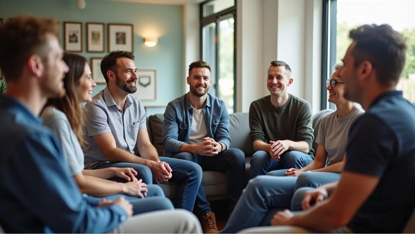 A group of veterans participates in a DVA-funded group therapy session, receiving peer support for mental health challenges in a welcoming environment.