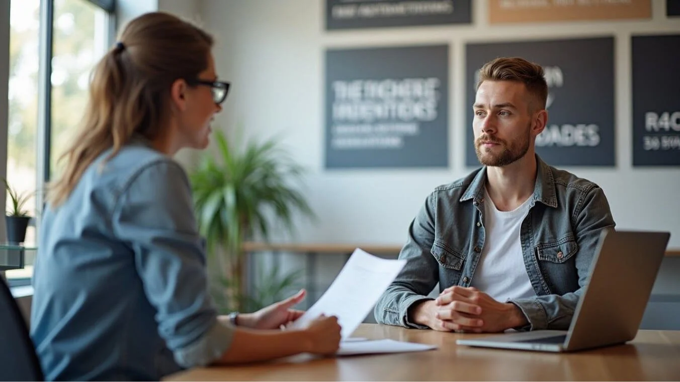 A veteran in civilian clothing attending a financial planning session with an adviser, discussing ADF salary, allowances, and superannuation benefits.