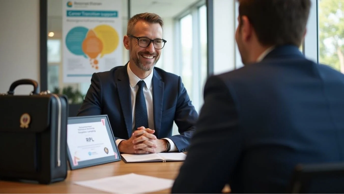 A former ADF member in business attire attending a civilian job interview, using Recognised Prior Learning (RPL) to transition into a new career.