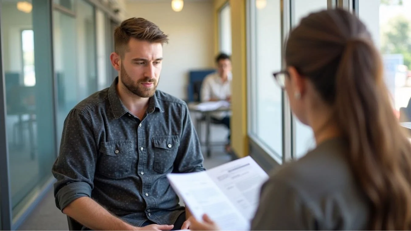 A veteran in civilian clothing consulting a DVA representative about Gold and White Card healthcare benefits in a community service centre.