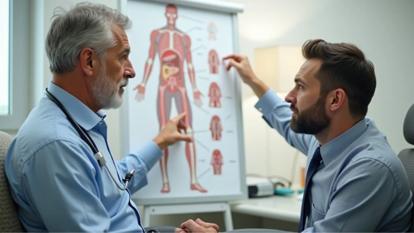 A veteran listens to a urologist explain erectile dysfunction using an anatomical chart in a medical office