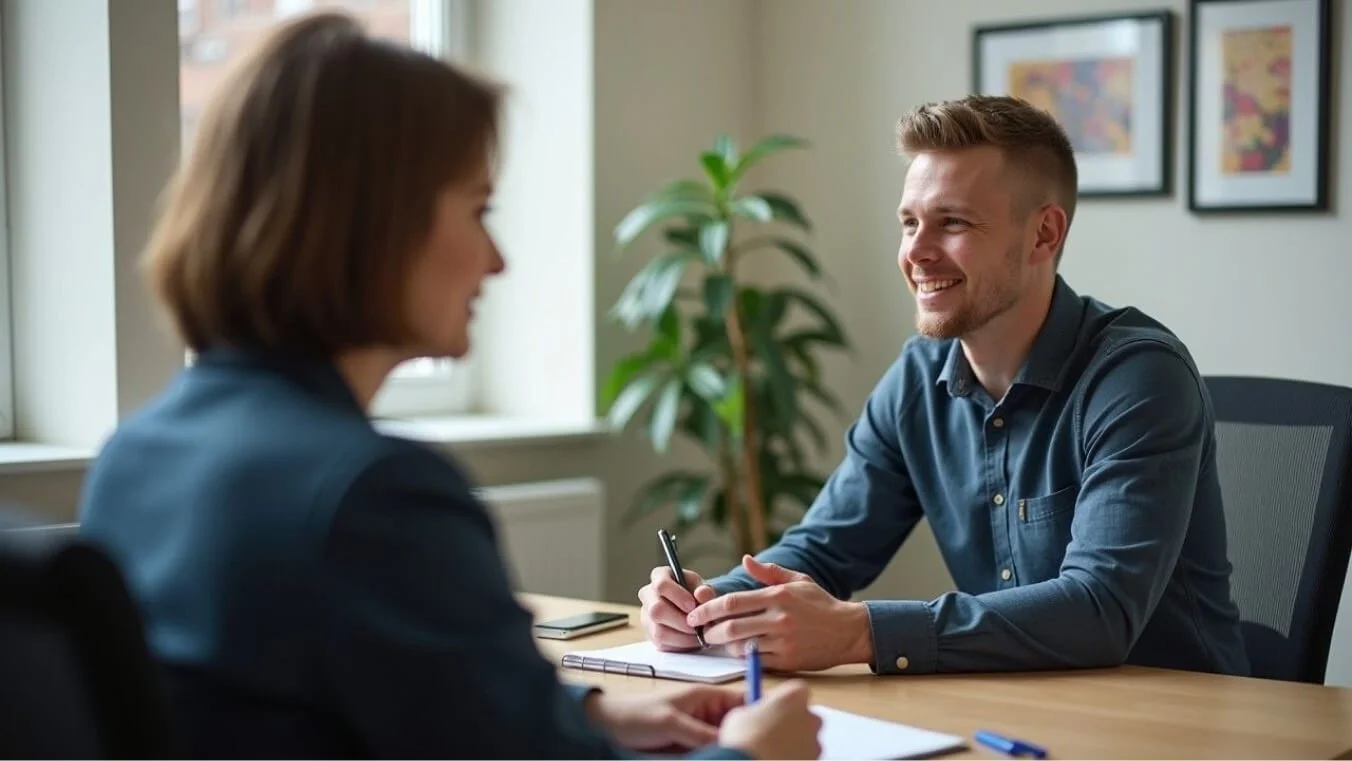 A veteran discusses PTSD-related erectile dysfunction with a psychologist in a professional therapy office.