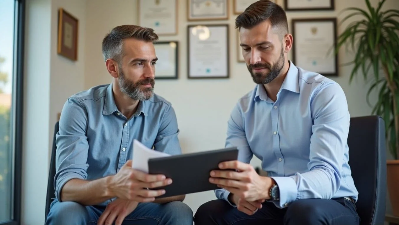 A male veteran consults with a specialist about DVA compensation in a professional office setting, reviewing documents on a tablet.