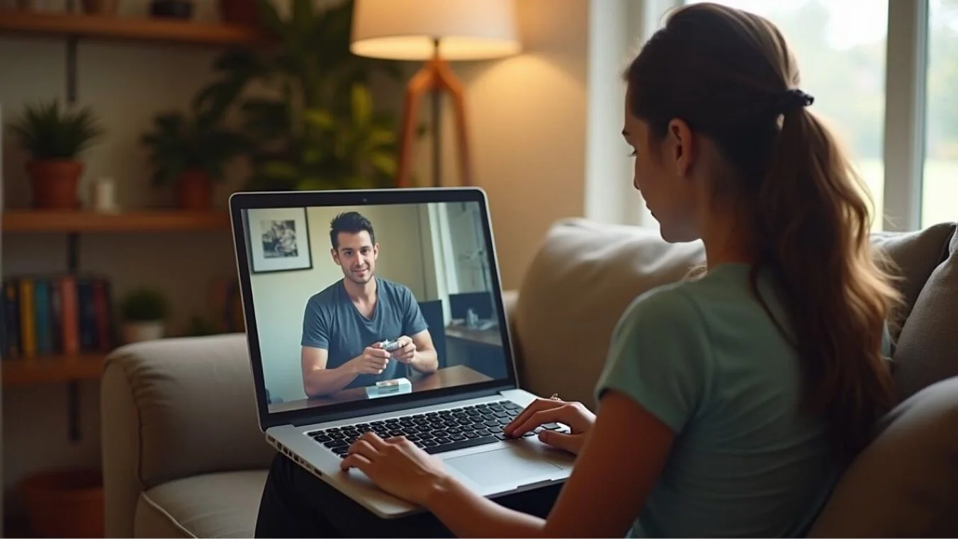 A female veteran follows an online physiotherapy session at home, mimicking her physiotherapist’s movements on a laptop screen.