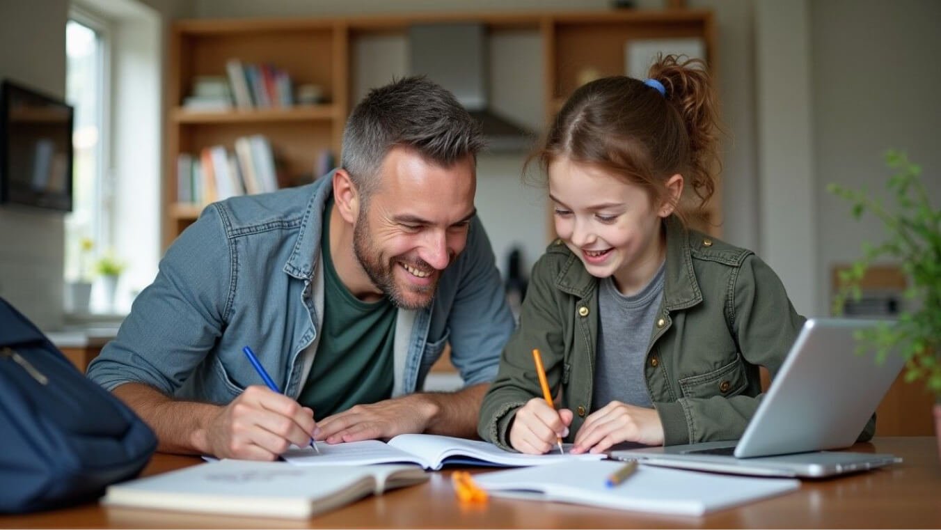 A veteran parent helping their teenage child study at a kitchen table in a modern Australian home, reflecting education support.