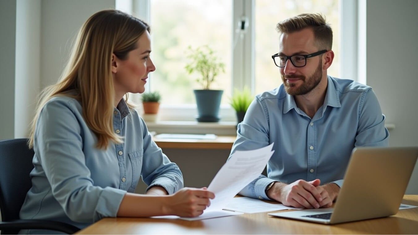 A veteran meeting with a professional adviser in a bright office, reviewing paperwork and discussing support options.