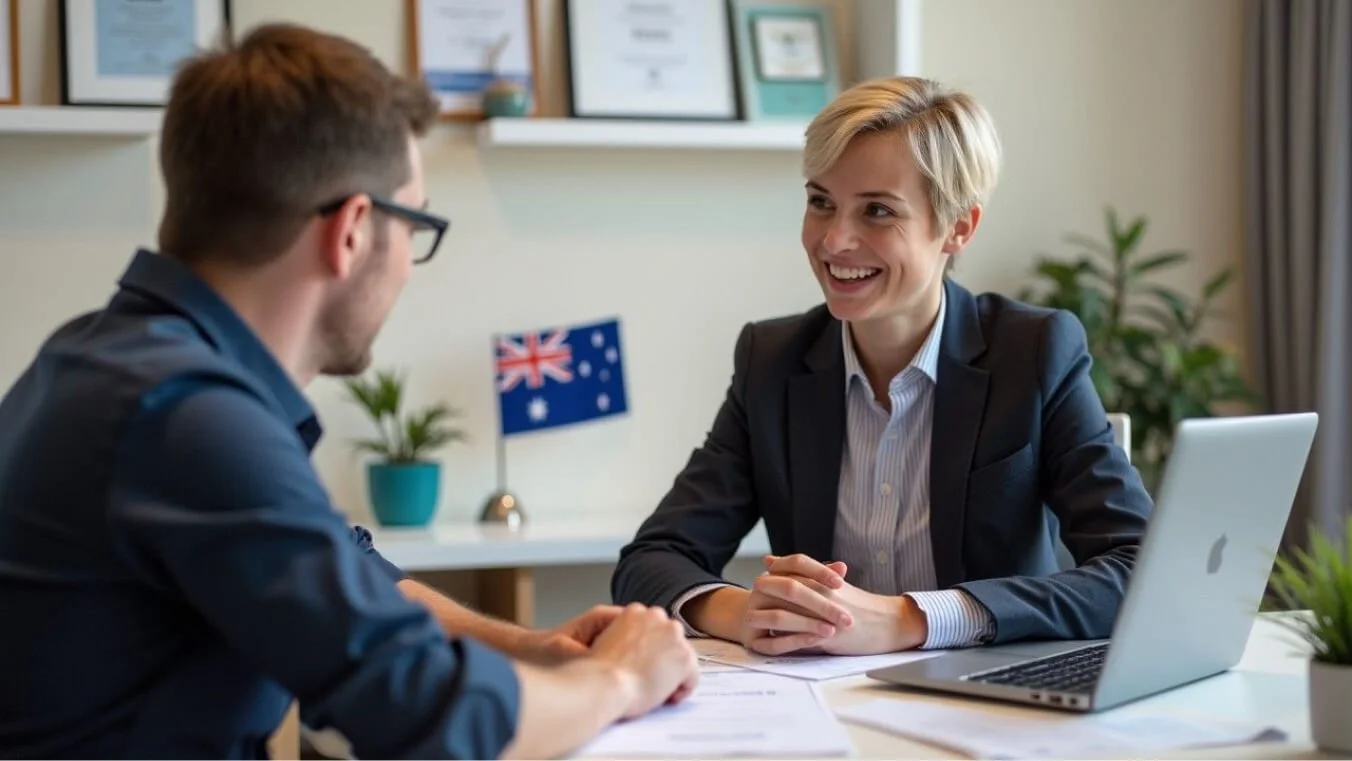 A veteran in civilian clothes discusses DVA Gold Card eligibility with a claims specialist in a modern office. The consultant explains impairment points and entitlements, using documents and a laptop.