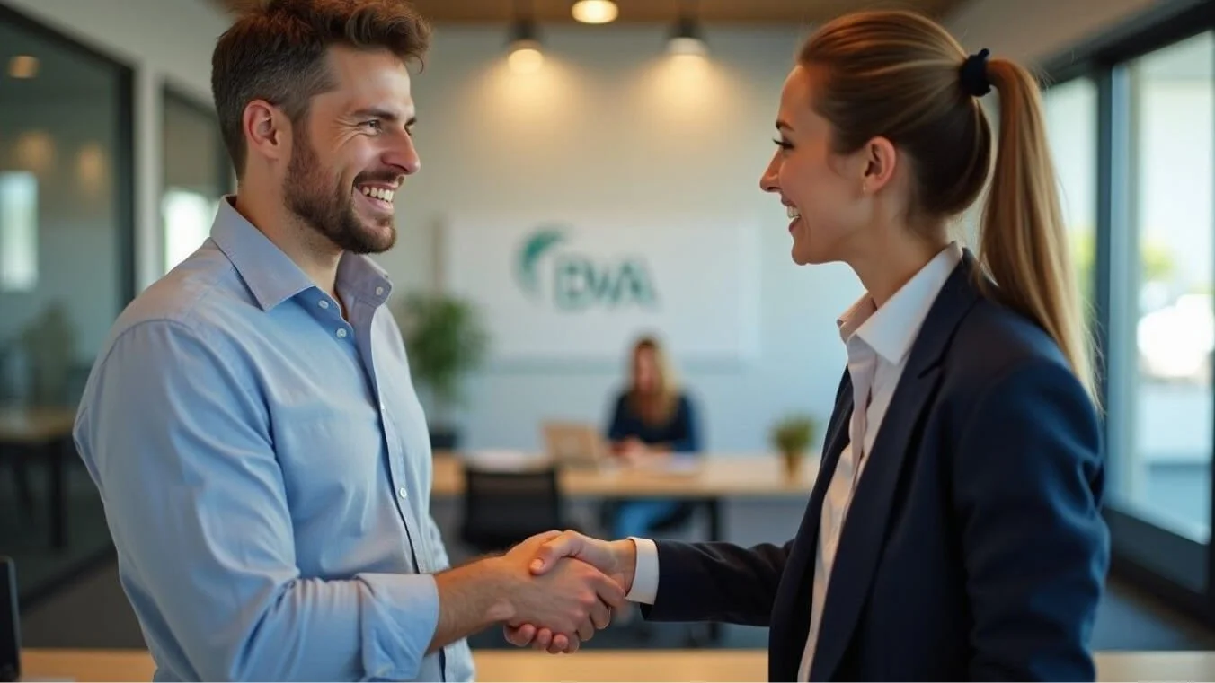 A young Australian veteran shakes hands with a DVA claims consultant after successfully lodging a DVA Gold Card claim.