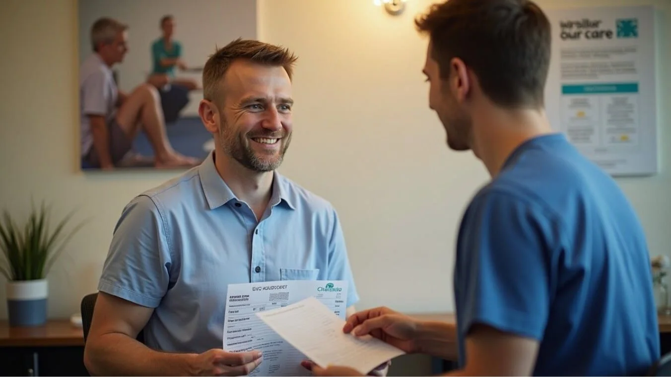 A young veteran consulting a GP about DVA exercise physiology services in a welcoming clinic, holding a referral form.