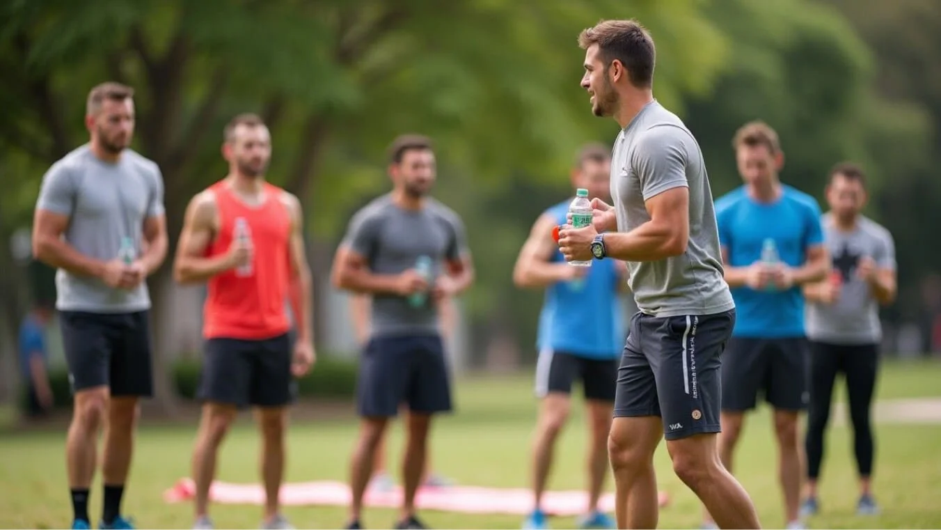 Veterans participating in an outdoor group exercise session led by an exercise physiologist, promoting community and physical wellness.