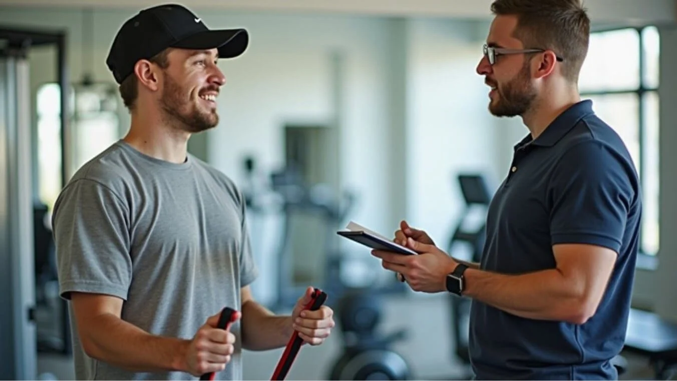 A veteran working with an exercise physiologist during a rehabilitation session, focused on progress and individualised care.