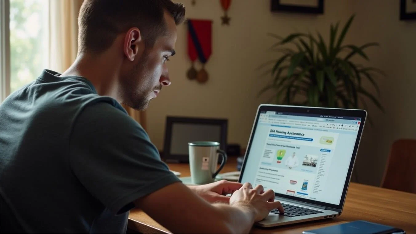 A veteran using a laptop at home to explore housing assistance options on the DVA website.