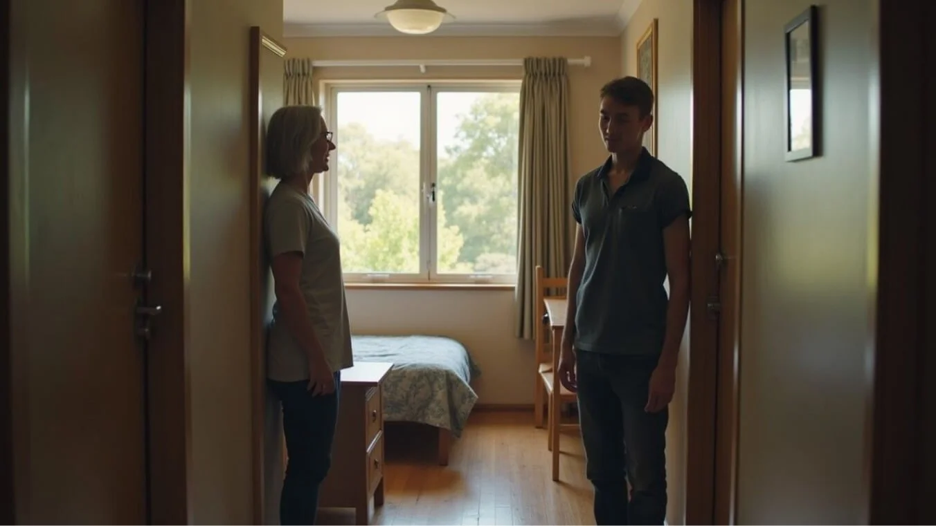 A veteran receiving support as they arrive at temporary emergency accommodation in Australia.