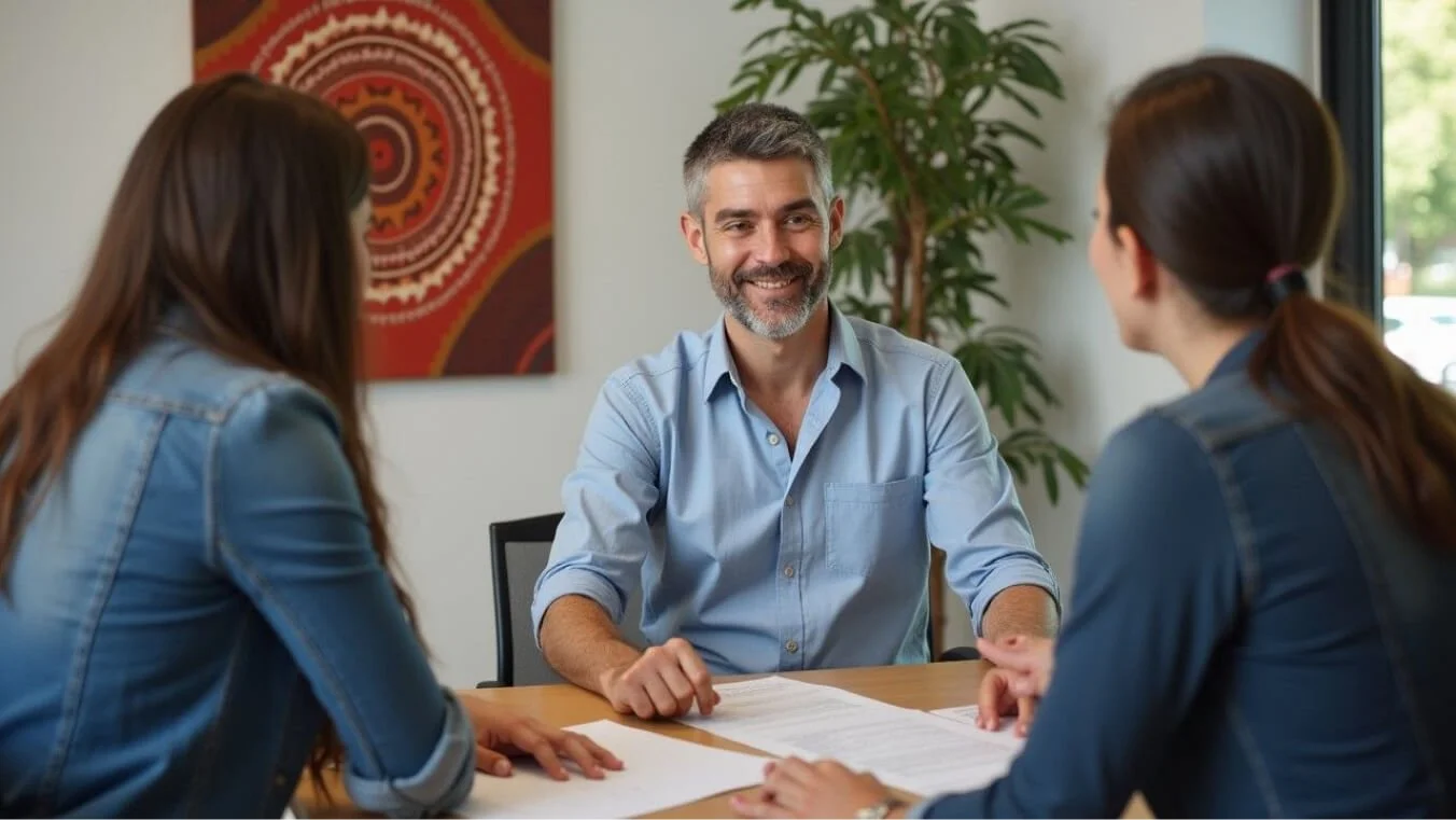 A male veteran and a support officer reviewing housing assistance documents in an Australian office.