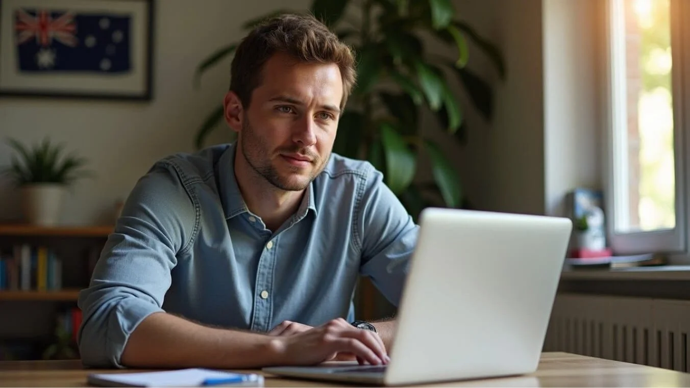 A young Australian veteran in their 30s participating in a telehealth psychology session at home, sitting at a desk with a laptop and notebook.