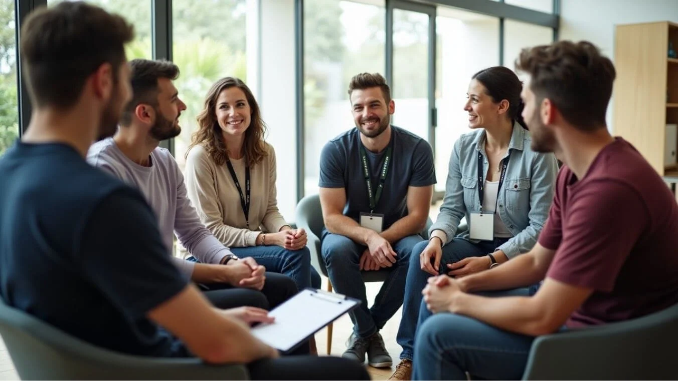 A diverse group of Australian veterans in a therapy session at a community centre, seated in a semi-circle with a supportive facilitator.