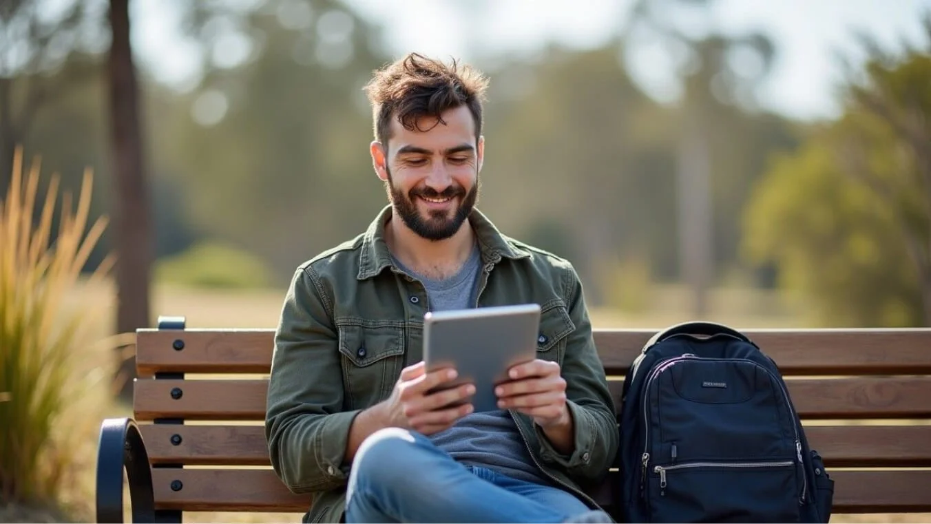 A young Australian veteran sitting on a park bench, using a tablet to review self-help tools, with a backpack beside him.