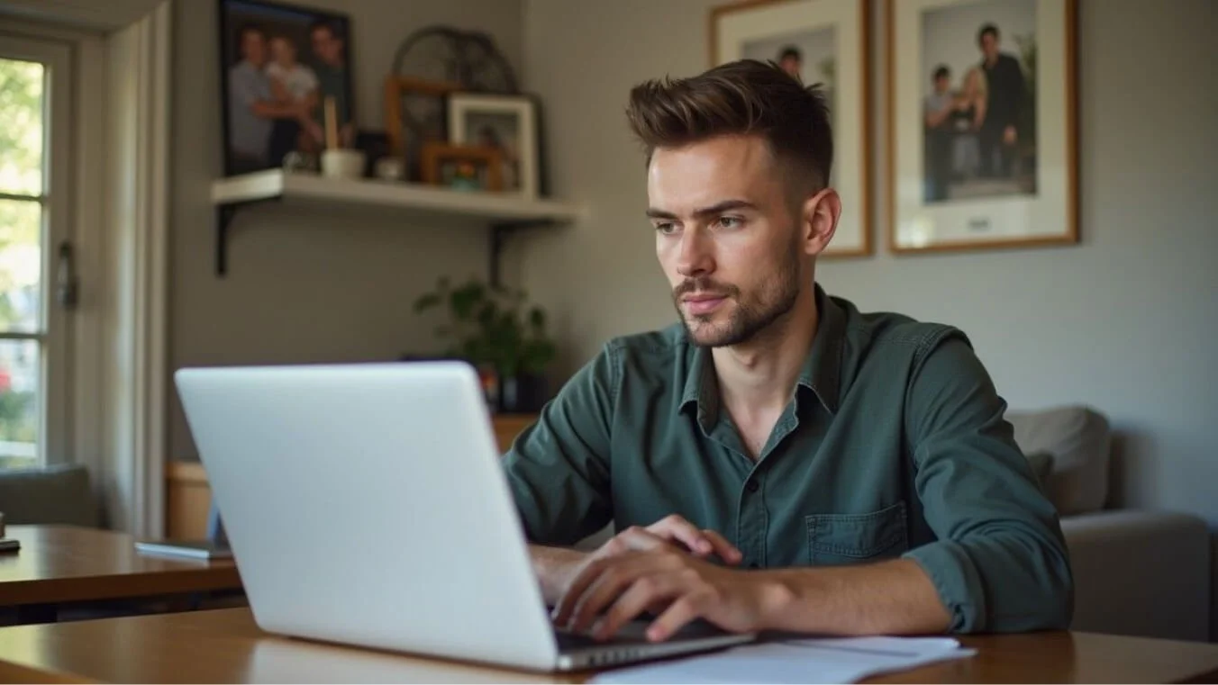 Male veteran completing a self-assessment questionnaire at home to prepare for a DVA lifestyle rating assessment.