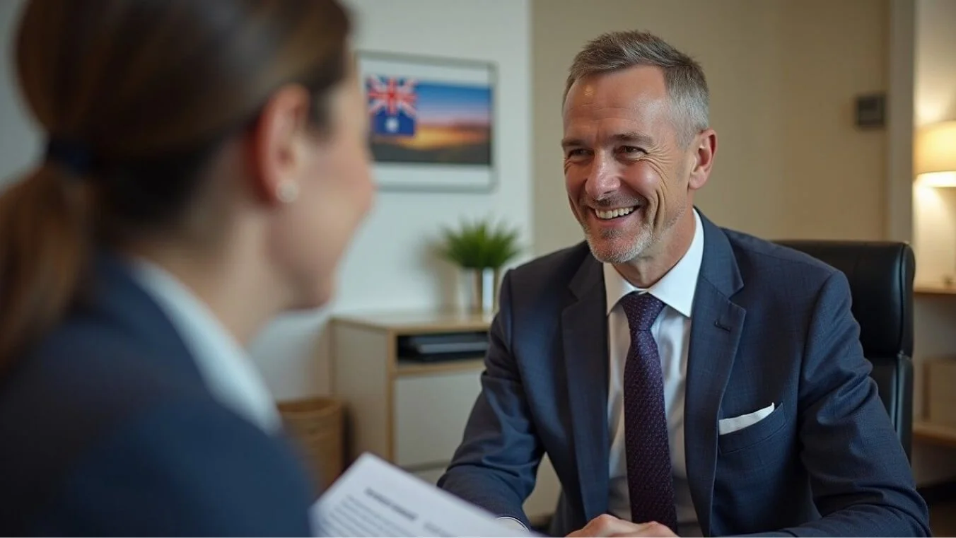 Male veteran discussing the DVA lifestyle rating process with a consultant in a professional office setting.