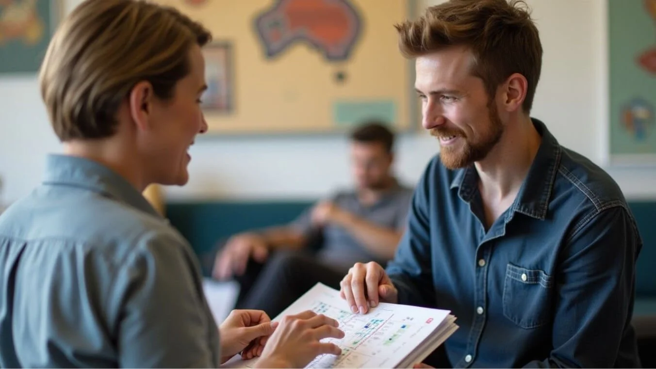 Consultant guiding a veteran through GARP guidelines in a community support center, highlighting the DVA lifestyle rating process.