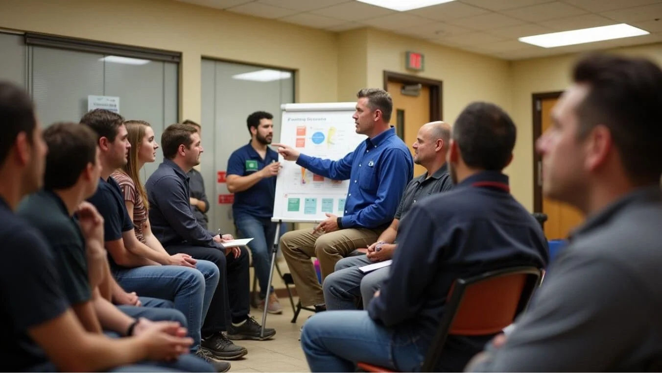 A diverse group of young veterans, aged 20–40, listens to a presentation about DVA podiatry services in a community center.